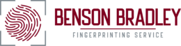 Red fingerprint icon beside the words “Benson Bradley” in bold red text and “Fingerprinting Service” in smaller gray text on a black background.